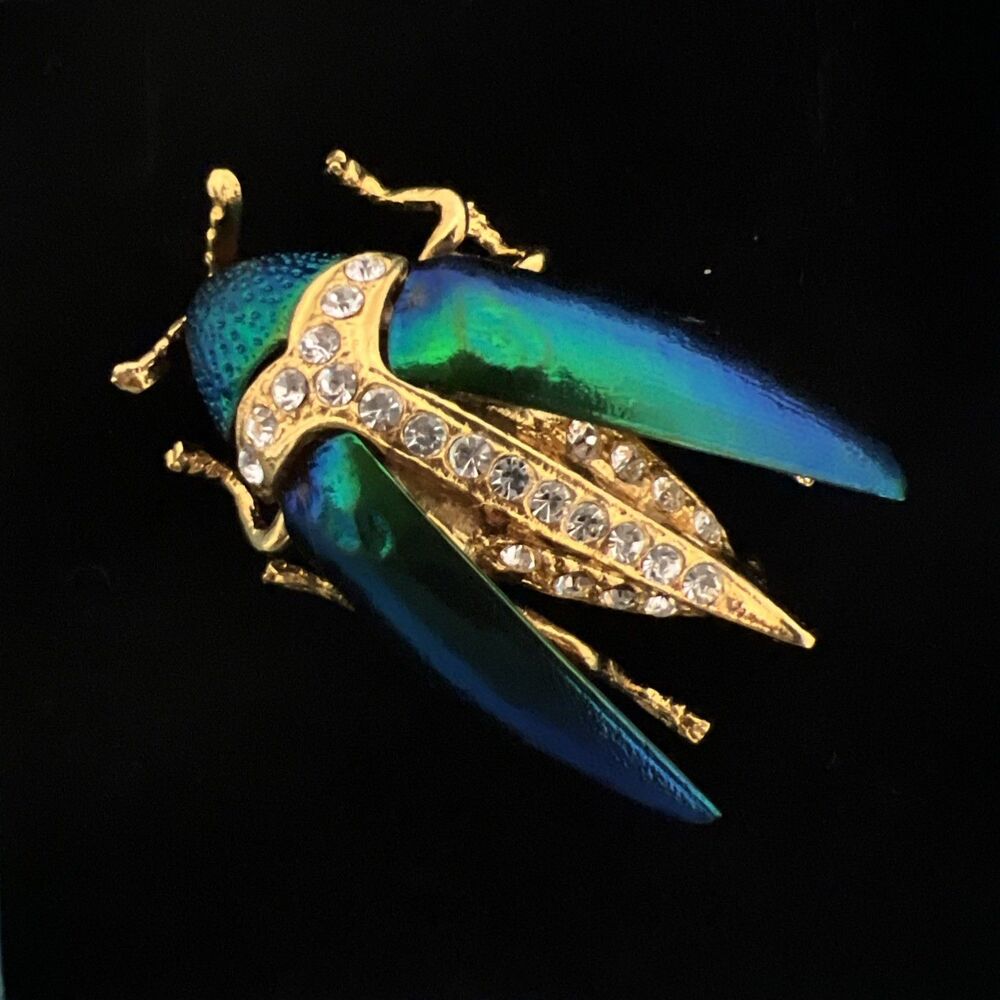 Beetle Wing Scarab Brooch Iridescent Emerald Rhinestone Gold Tone Pin - Picture 2 of 5